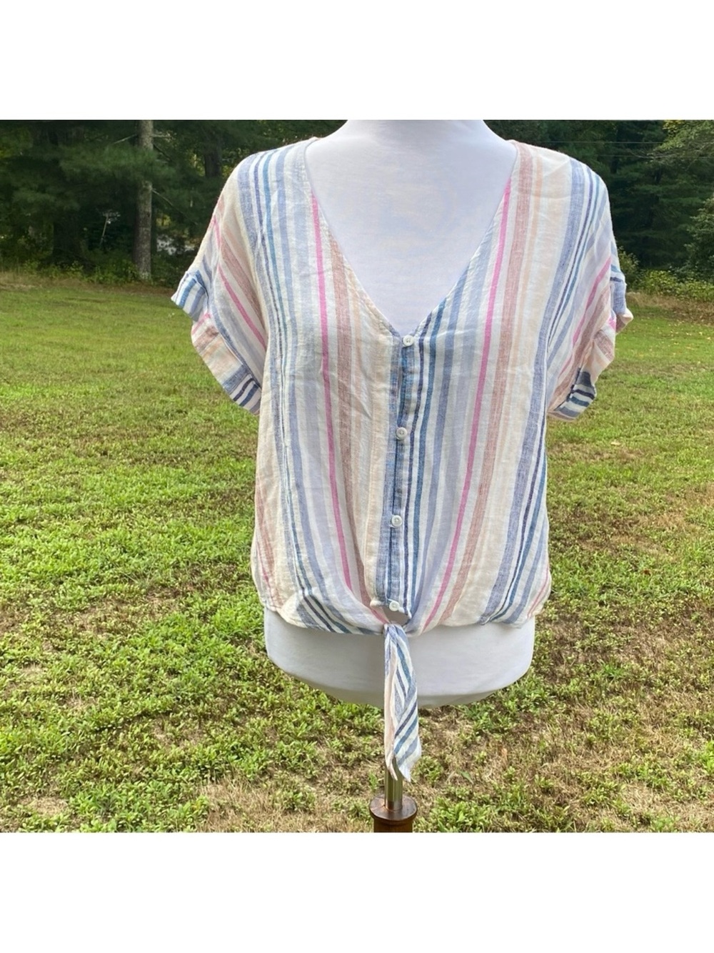 CLOTH & STONE TOP BLOUSE CROPPED V-NECK WHITE BLUE PINK STRIPES TIE WAIST SIZE S